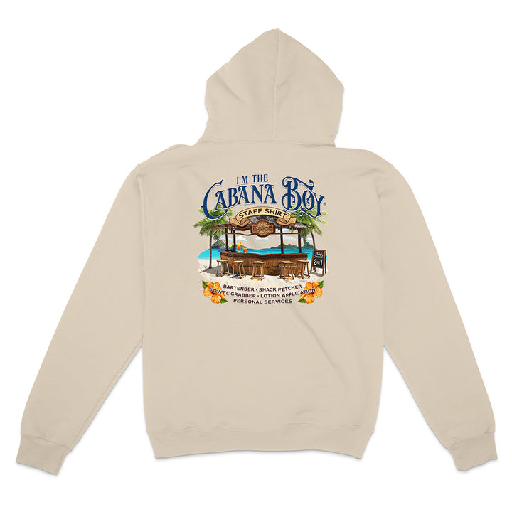 Beige hoodie with a graphic of a cabana bar and text on the back, on a white background.