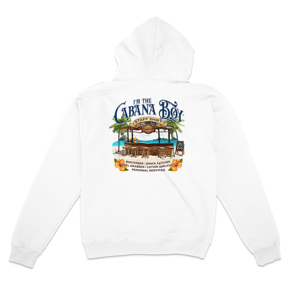 White hoodie with 'I'm the Cabana Boy' graphic on a white background