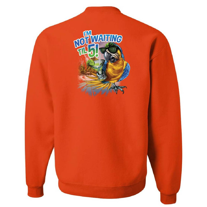 Orange sweatshirt with a parrot graphic and text on the back, on a white background