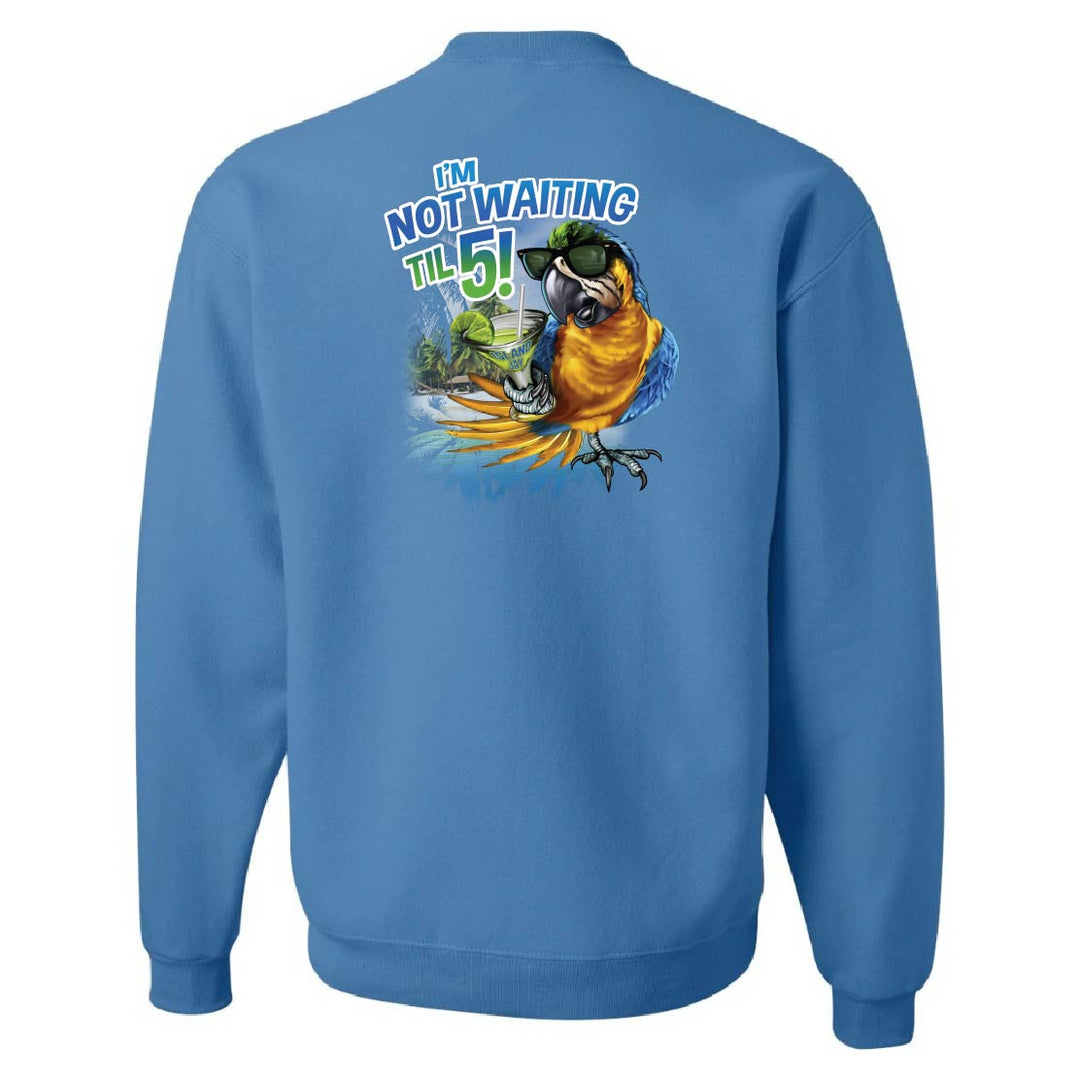 Blue sweatshirt with a colorful parrot graphic and text on the back