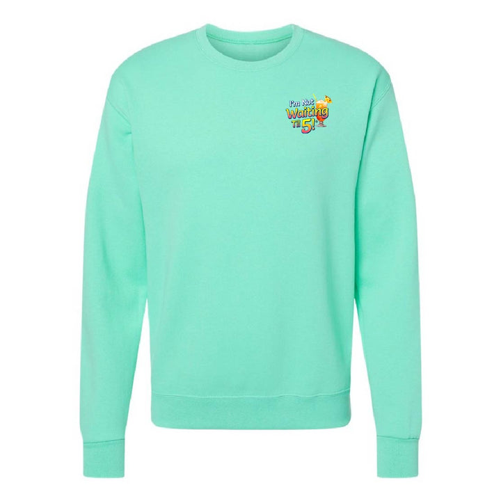 sweatshirt with a colorful I'm not waiting til 4 graphic on the chest against a white background