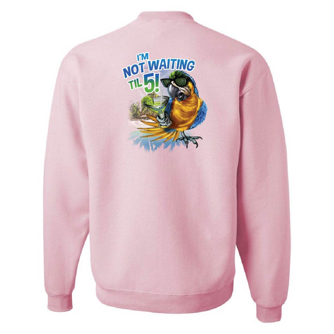 Pink sweatshirt with a colorful parrot graphic and text on the back, on a white background.