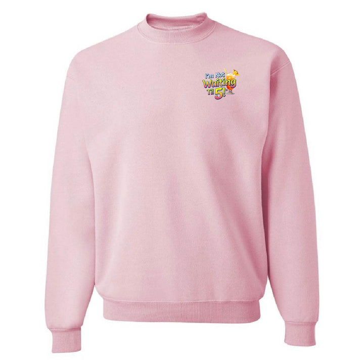 Pink sweatshirt with a colorful graphic on the chest against a white background