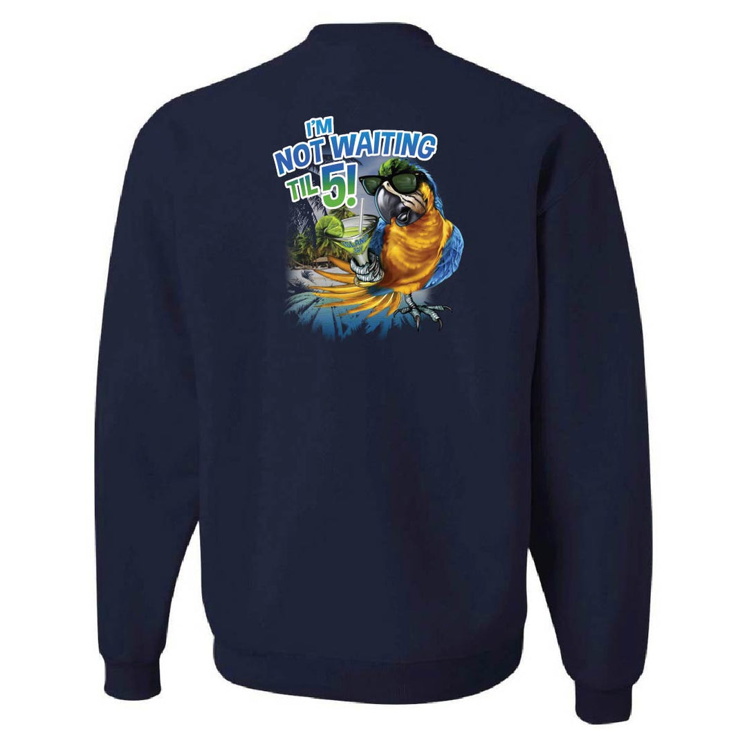 Navy blue sweatshirt with a colorful parrot graphic and text on the back against a white background