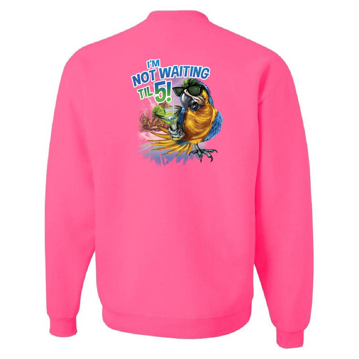 Pink sweatshirt with a colorful parrot graphic and text on the back, on a white background.