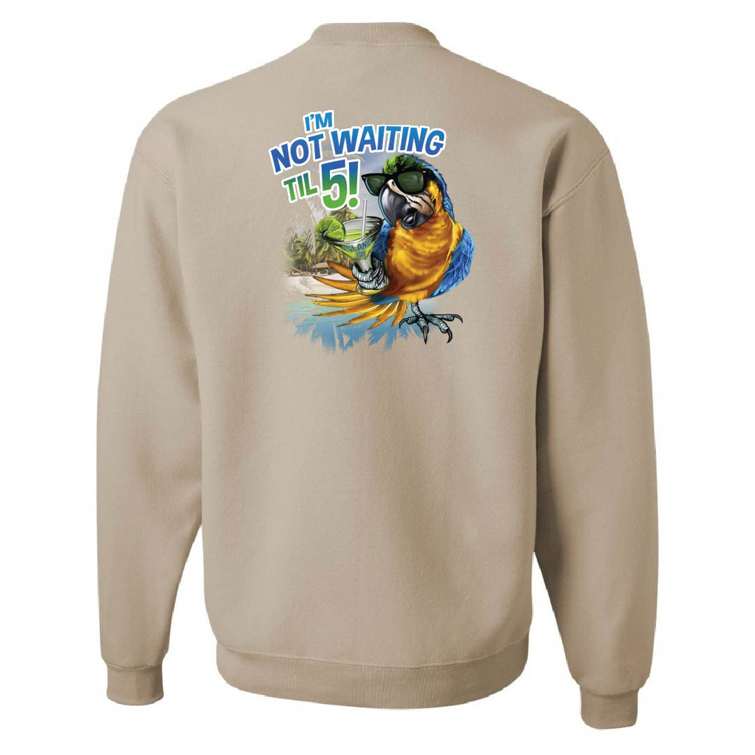 Beige sweatshirt with a colorful parrot graphic and text on the back against a white background