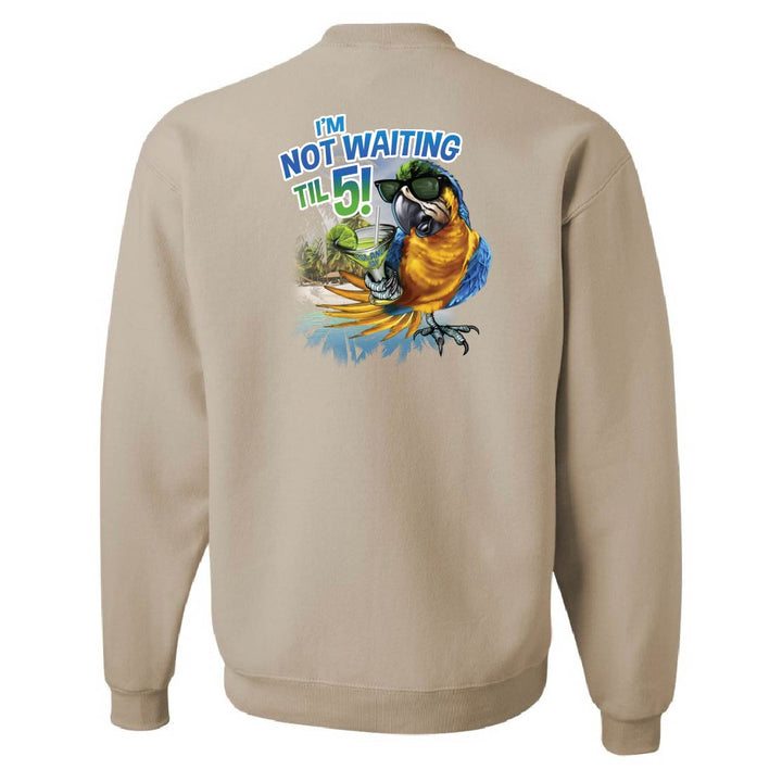 Beige sweatshirt with a colorful parrot graphic and text on the back against a white background