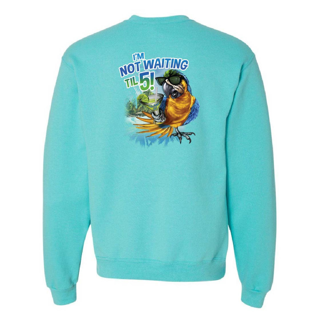 Scuba Blue sweatshirt with a parrot graphic and text on the back against a white background