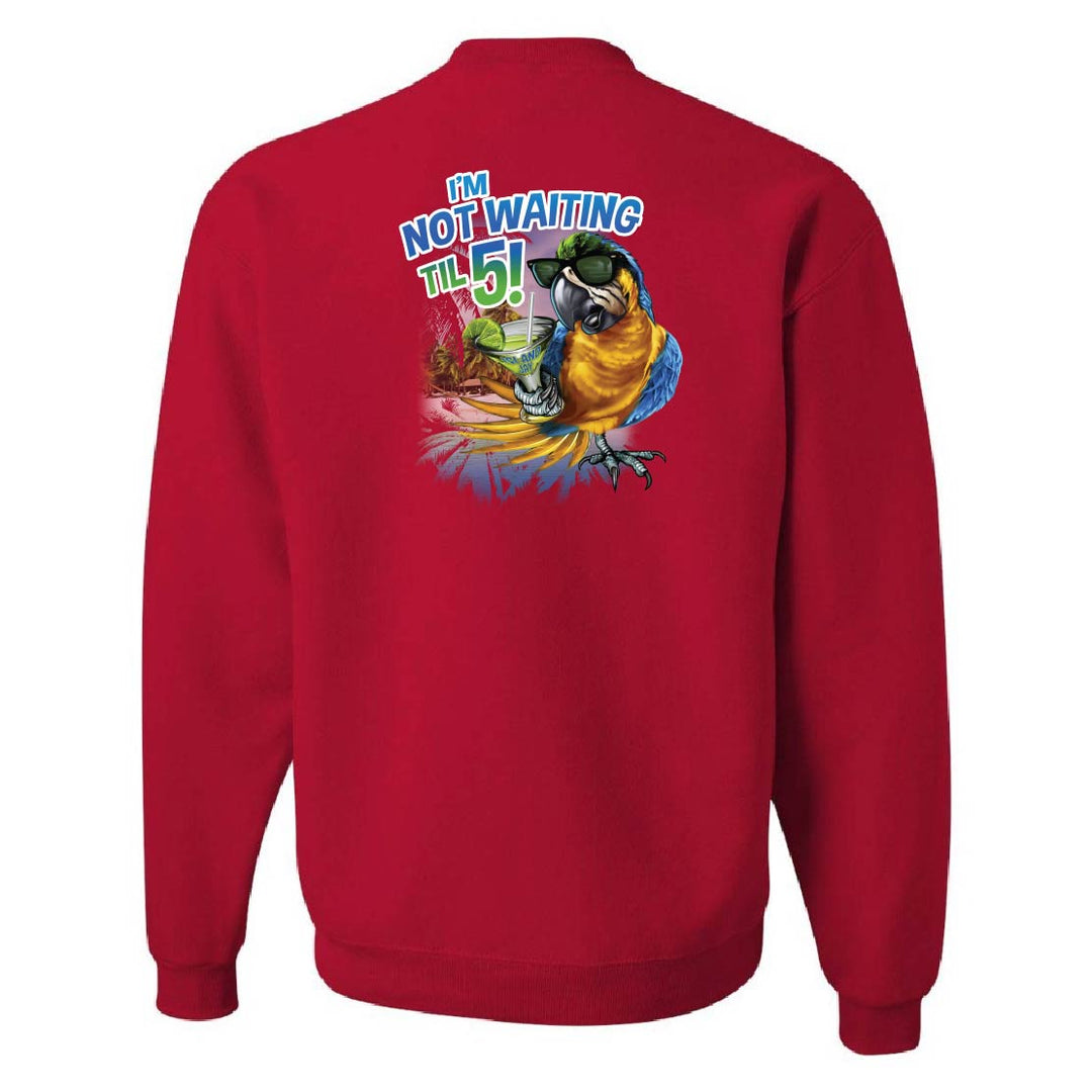 Red sweatshirt with a colorful parrot graphic and text on the back against a white background