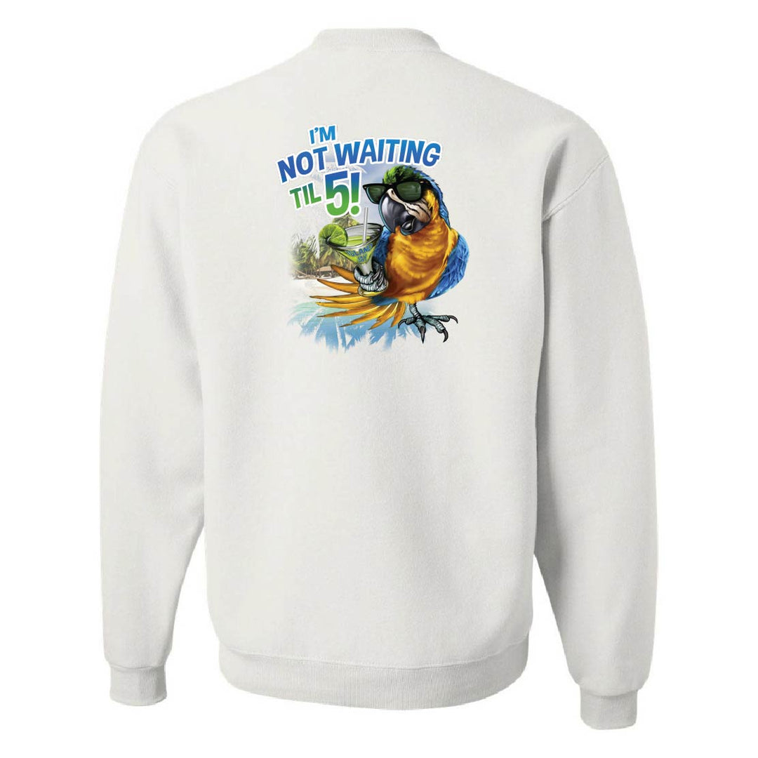 White sweatshirt with a colorful parrot graphic and text on the back against a white background