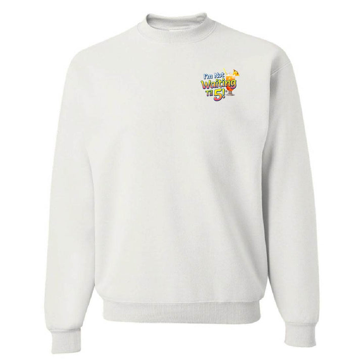 White sweatshirt with colorful text design on a white background