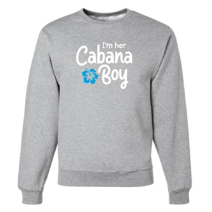Gray sweatshirt with 'I'm her Cabana Boy' text and blue flower graphic on a white background