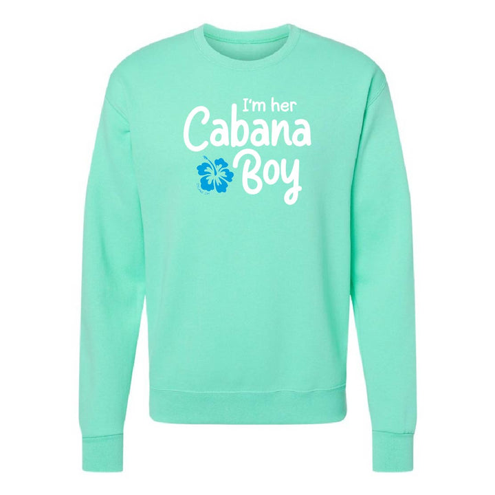 Mint green sweatshirt with 'I'm her Cabana Boy' text and flower design on a white background