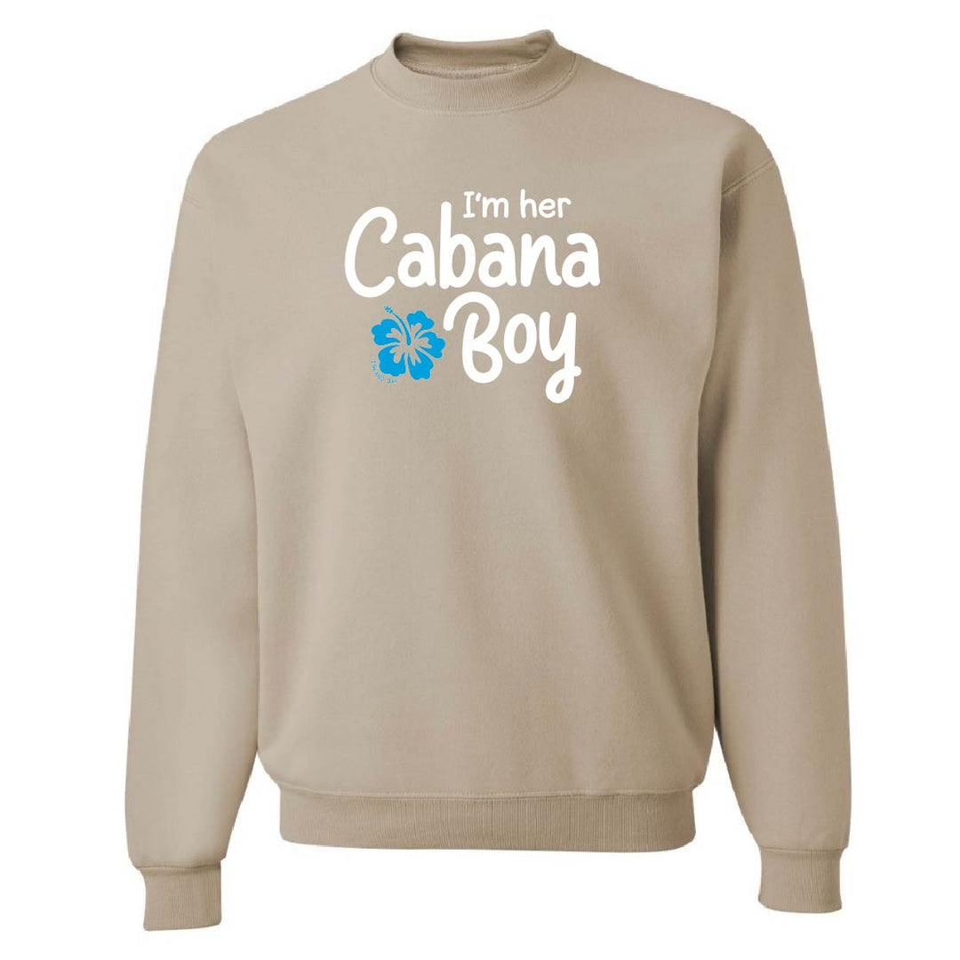 Beige sweatshirt with 'I'm her Cabana Boy' text and blue flower graphic on a white background
