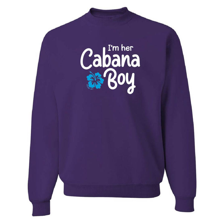 Purple sweatshirt with 'I'm her Cabana Boy' text and blue flower graphic on a white background
