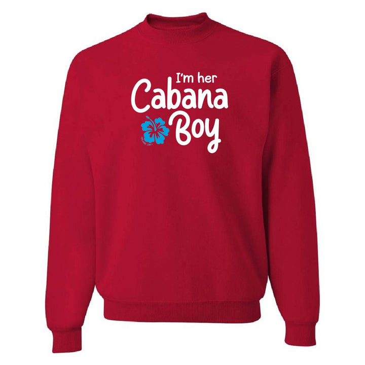 Red sweatshirt with 'I'm her Cabana Boy' text and a blue flower on a white background