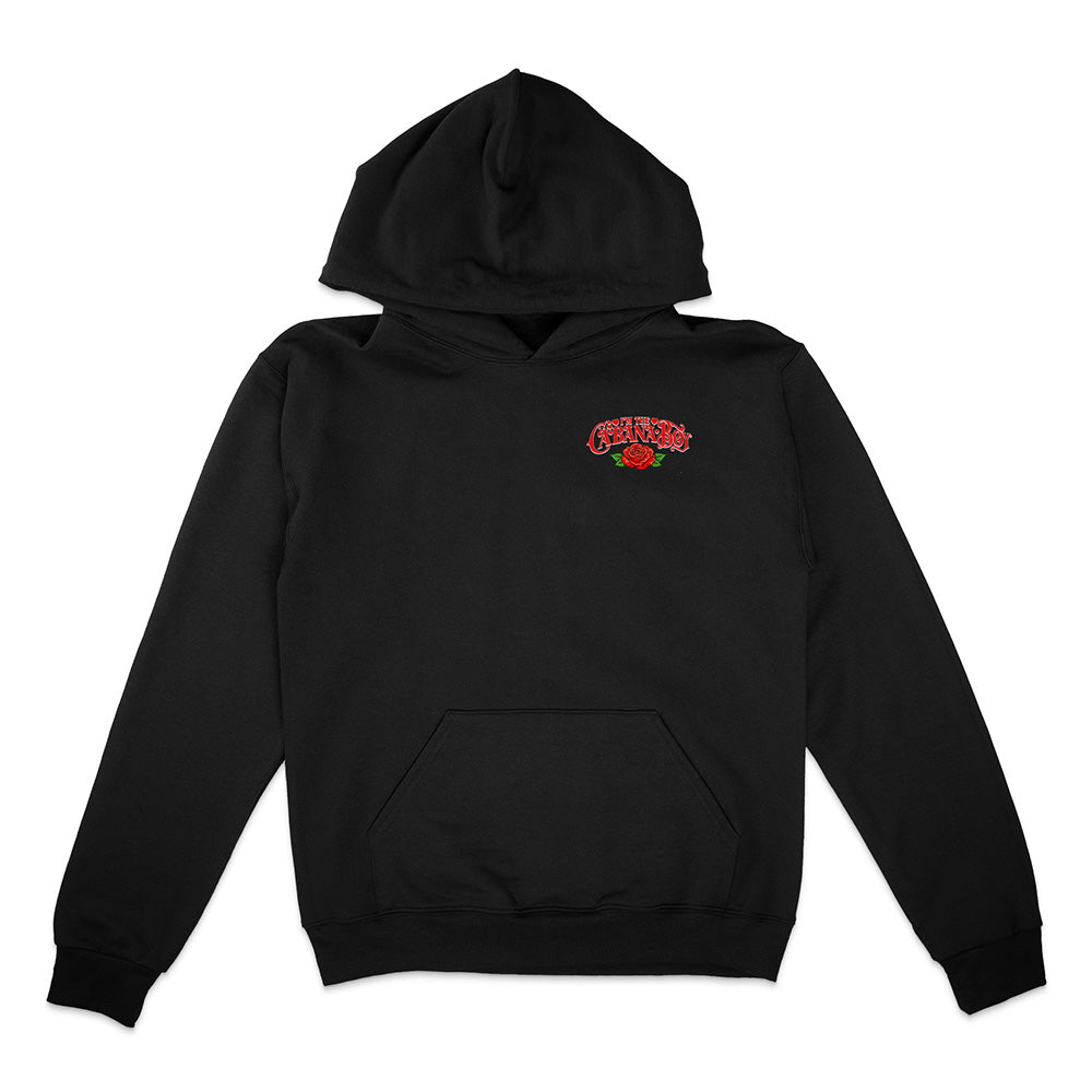 Black hoodie with a logo on the chest against a white background