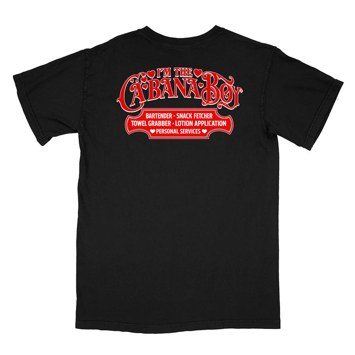Black t-shirt with red text on a white background
