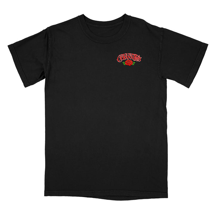 Black t-shirt with a red and white logo on a white background