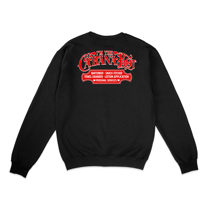 Black sweatshirt with red text on the back on a white background