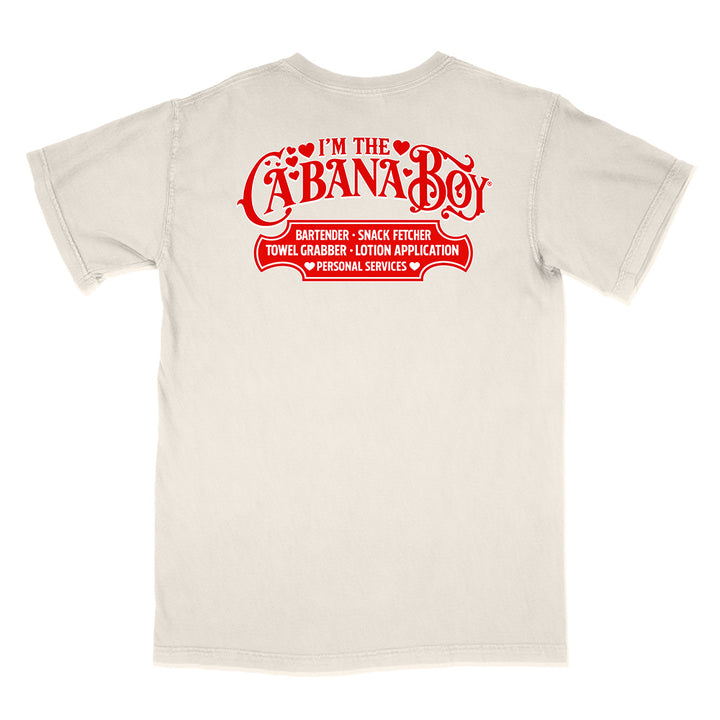 Beige t-shirt with red text on the back on a white background