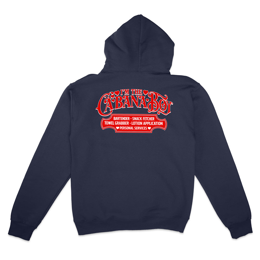 Navy blue hoodie with red text on the back on a white background