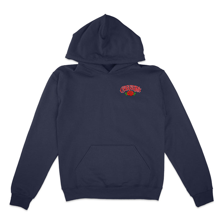 Navy blue hoodie with a logo on the chest against a white background