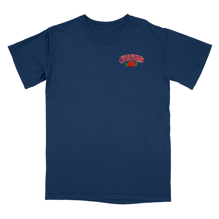 Navy blue t-shirt with a logo on the chest against a white background