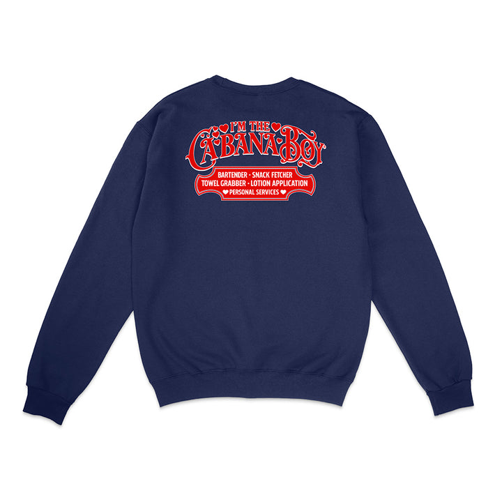 Navy blue sweatshirt with red text on the back against a white background