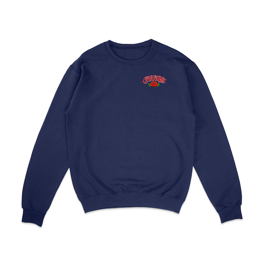 Navy blue sweatshirt with a logo on the chest against a white background