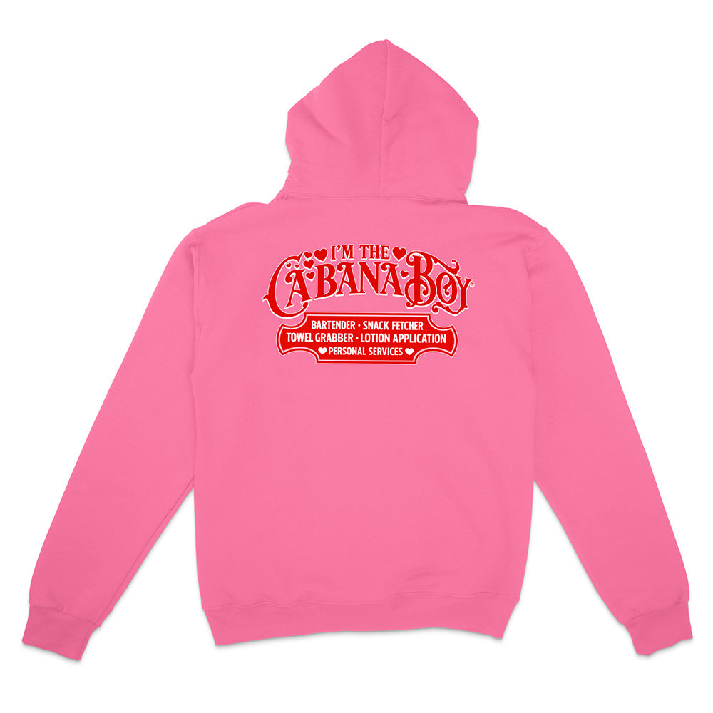 Pink hoodie with red text on a white background