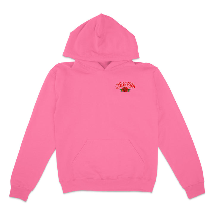 Pink hoodie with a logo on the chest against a white background