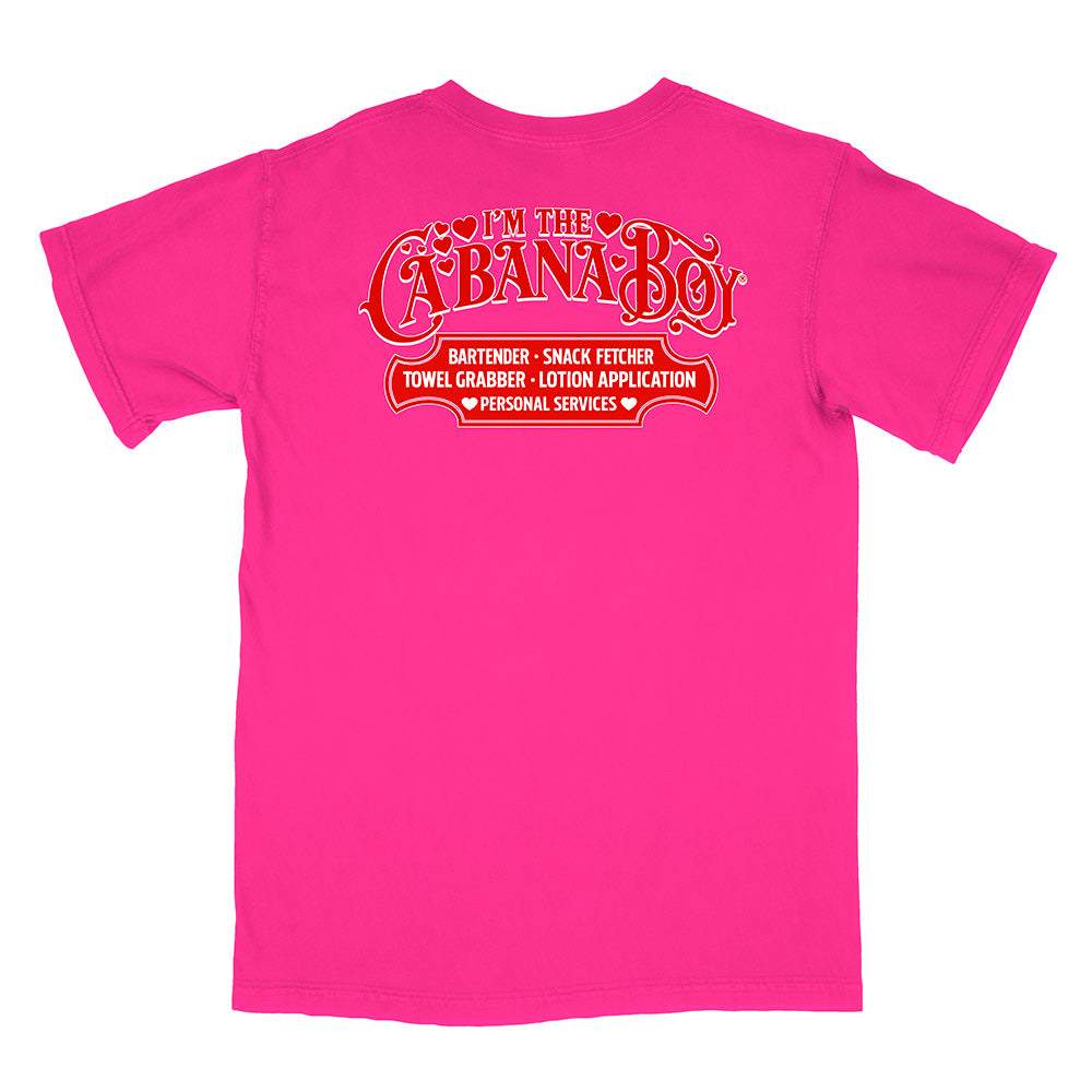 Pink t-shirt with red and white text on a white background