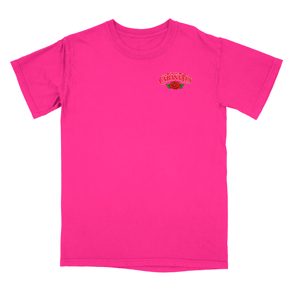 Pink t-shirt with a logo on the chest against a white background