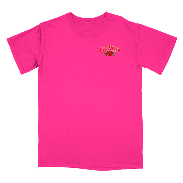 Pink t-shirt with a logo on the chest against a white background