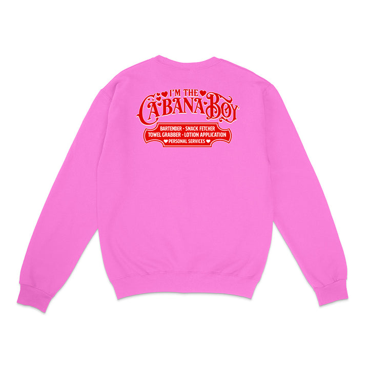 Pink sweatshirt with red text on the back on a white background
