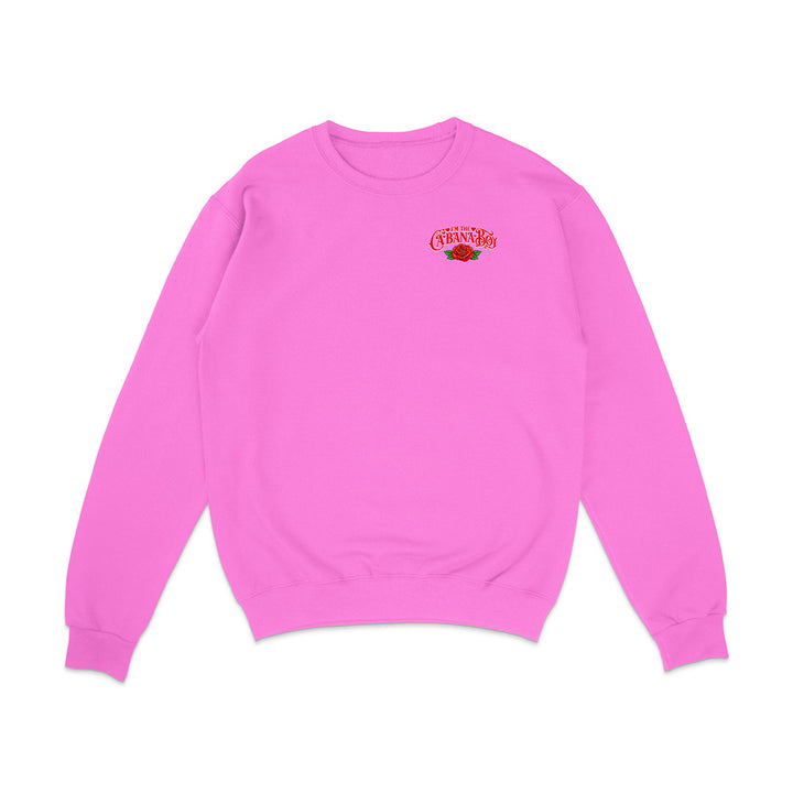 Pink sweatshirt with a logo on the chest against a white background