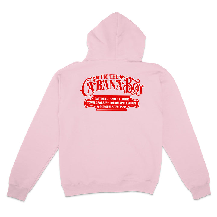 Pink hoodie with red text on a white background