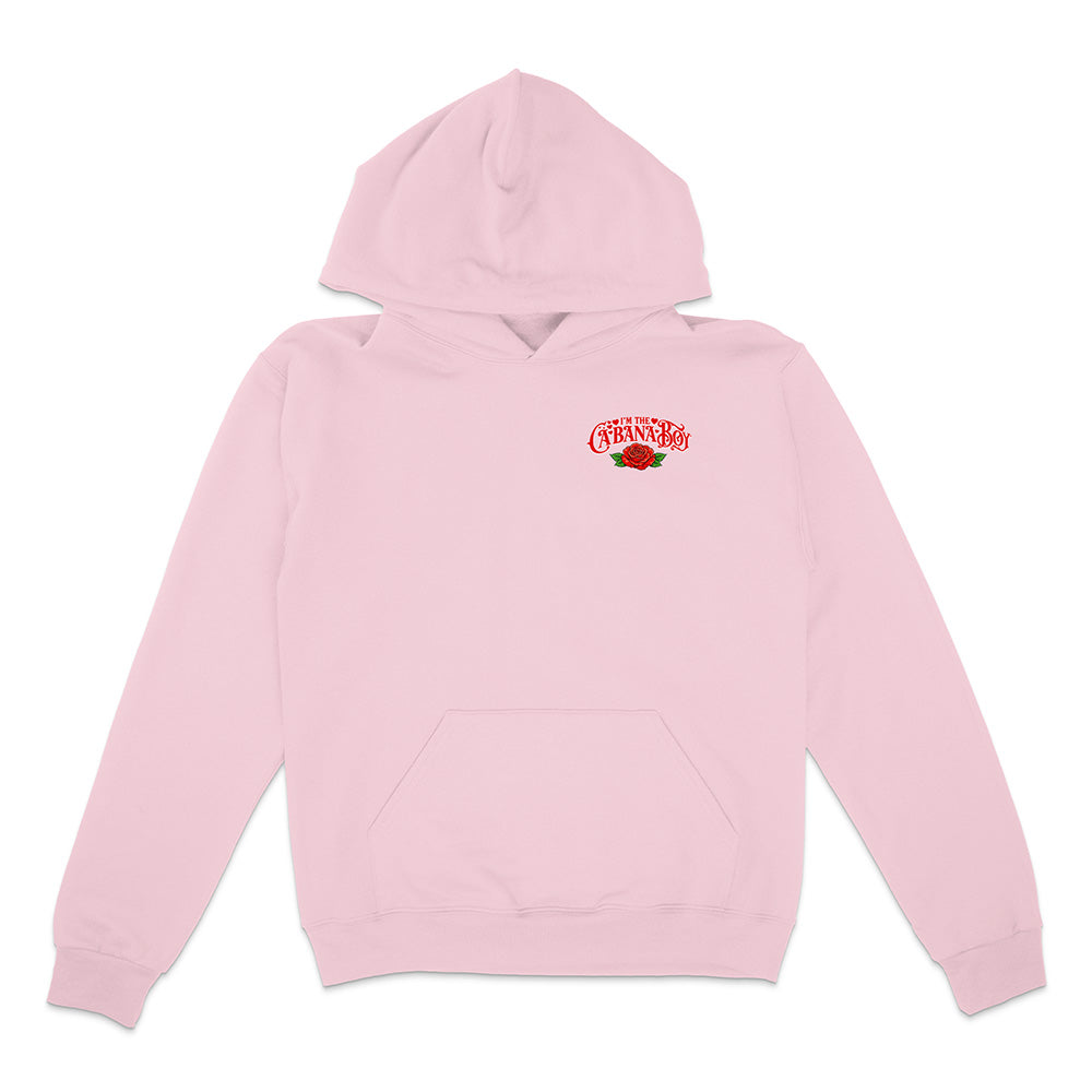 Pink hoodie with a logo on the chest against a white background