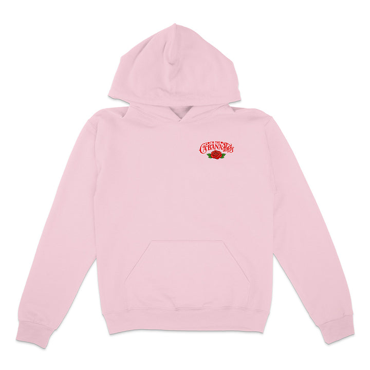 Pink hoodie with a logo on the chest against a white background