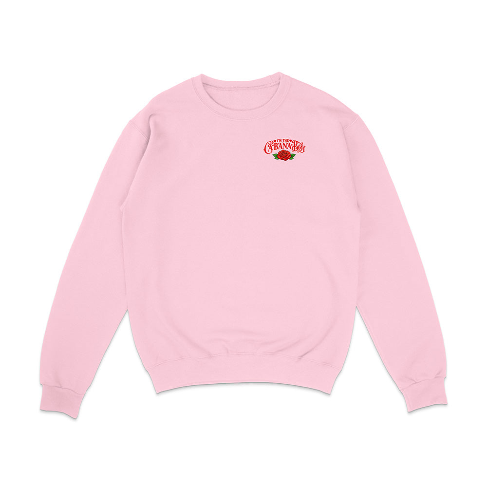 Pink sweatshirt with a logo on the chest against a white background