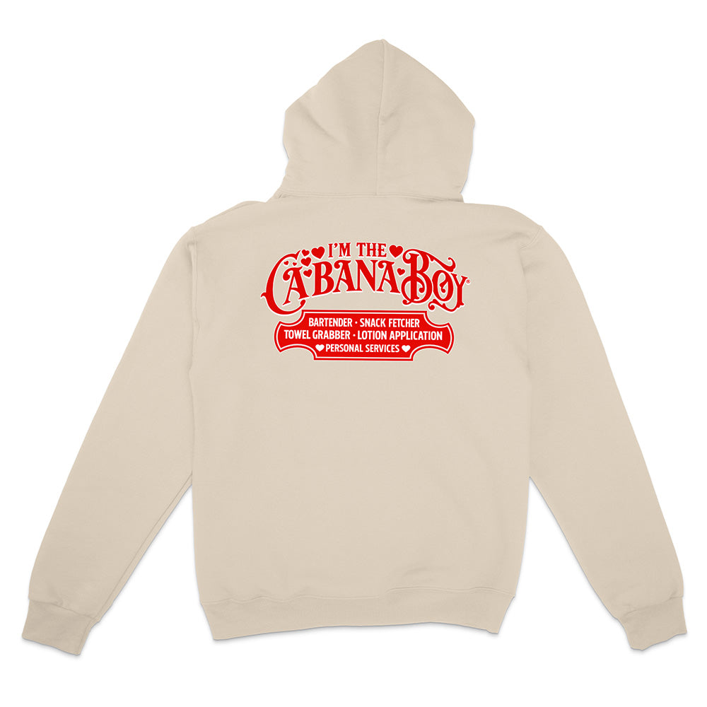 Beige hoodie with red text on a white background
