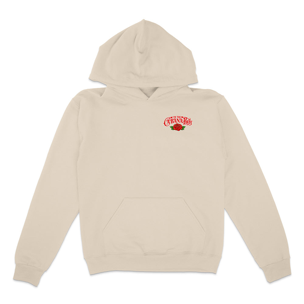 Beige hoodie with a red and black logo on a white background