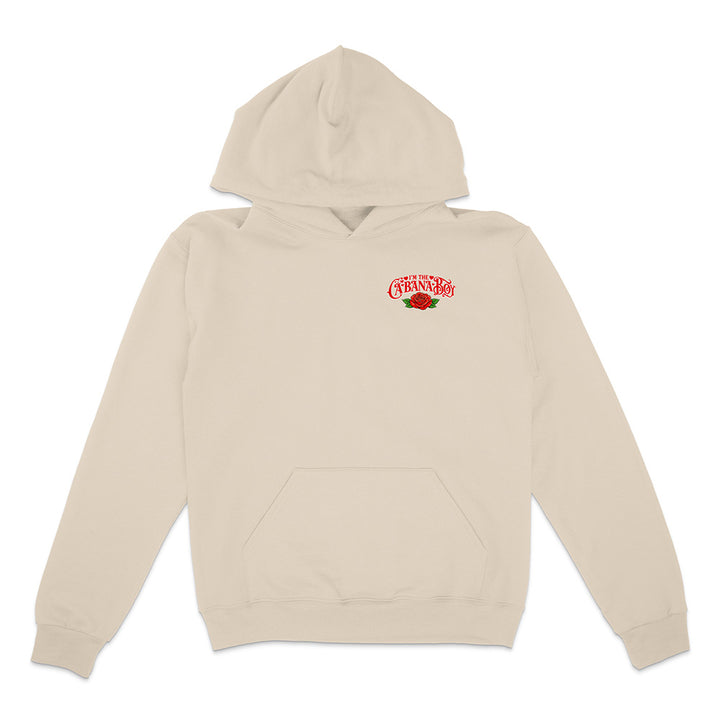 Beige hoodie with a red and black logo on a white background