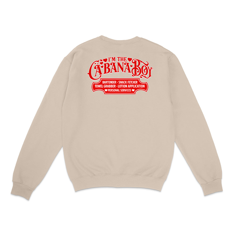 Beige sweatshirt with red text on the back on a white background