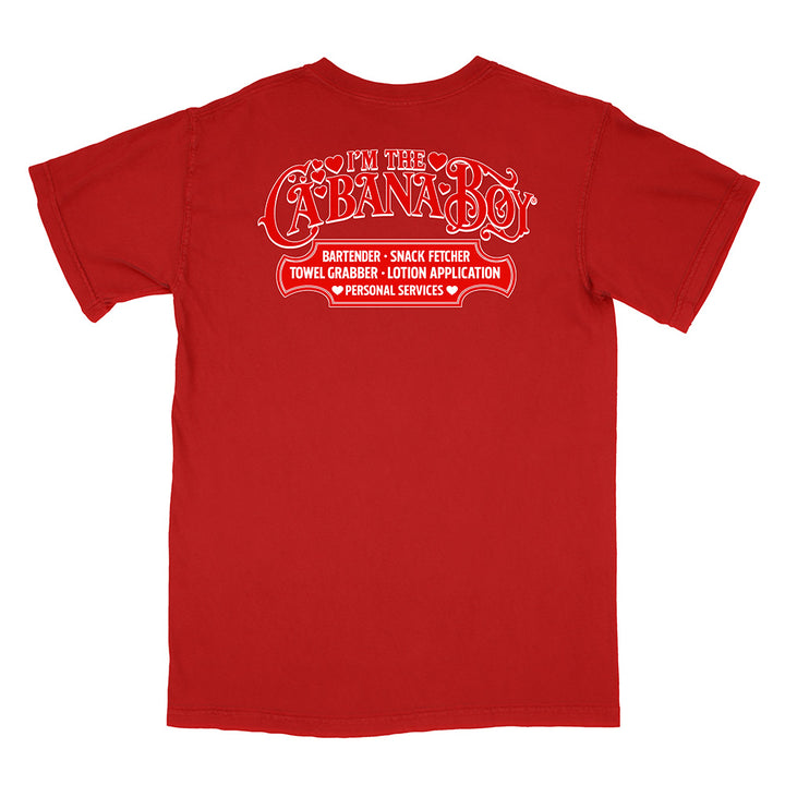 Red t-shirt with white text on a white background