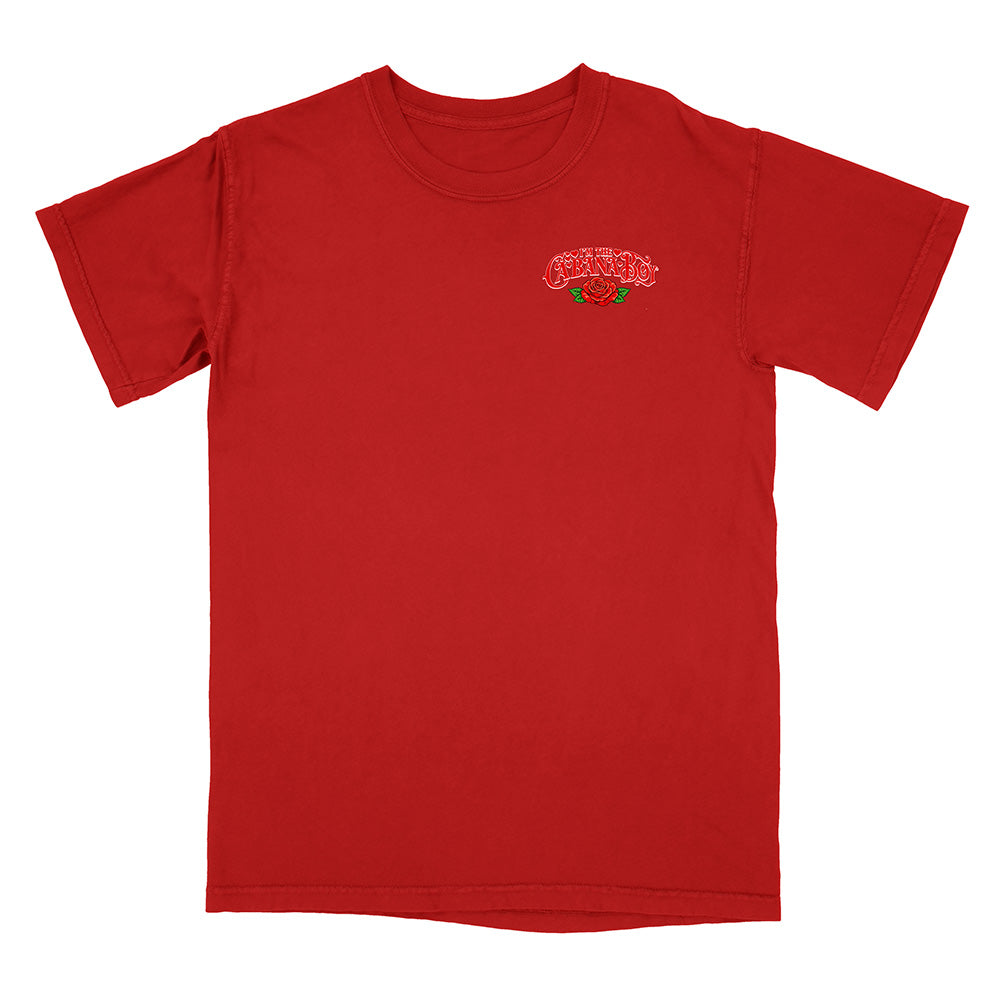 Red t-shirt with a logo on the chest against a white background