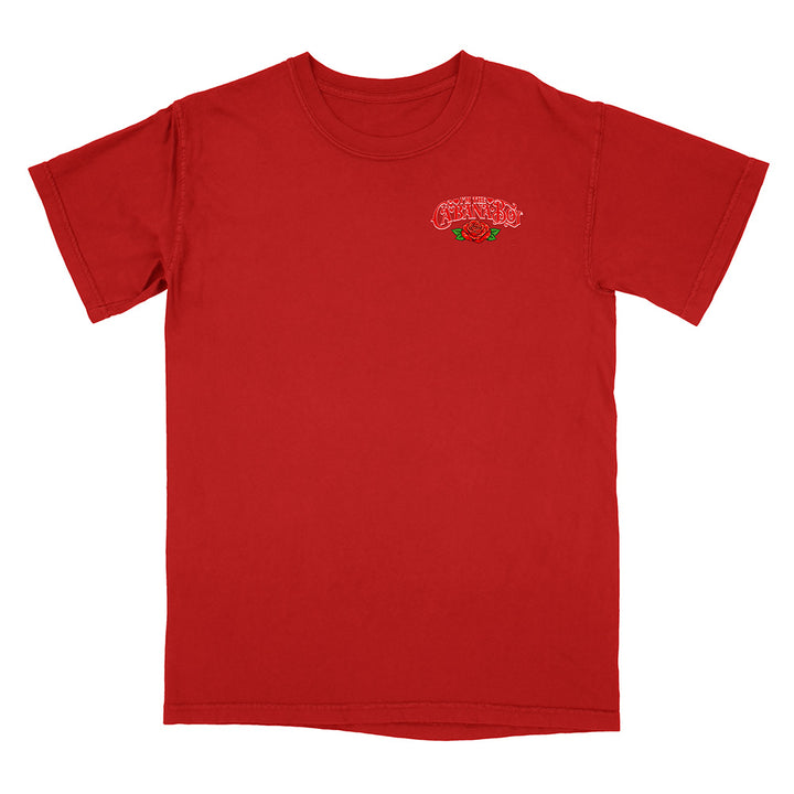 Red t-shirt with a logo on the chest against a white background