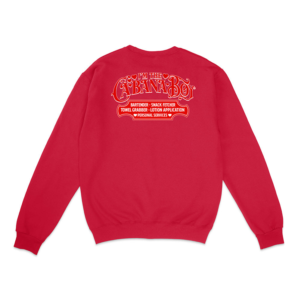 Red sweatshirt with white text on the back against a white background