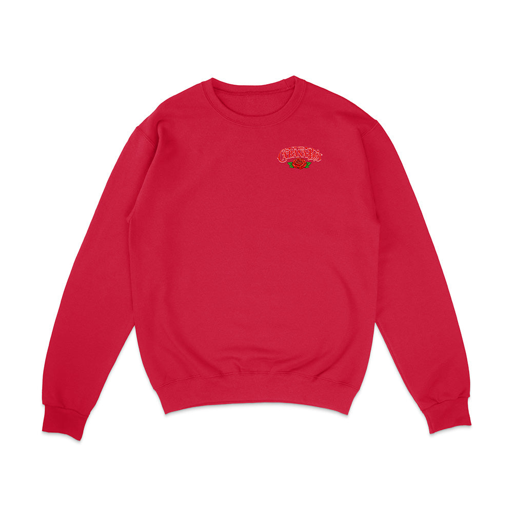 Red sweatshirt with a logo on the chest against a white background